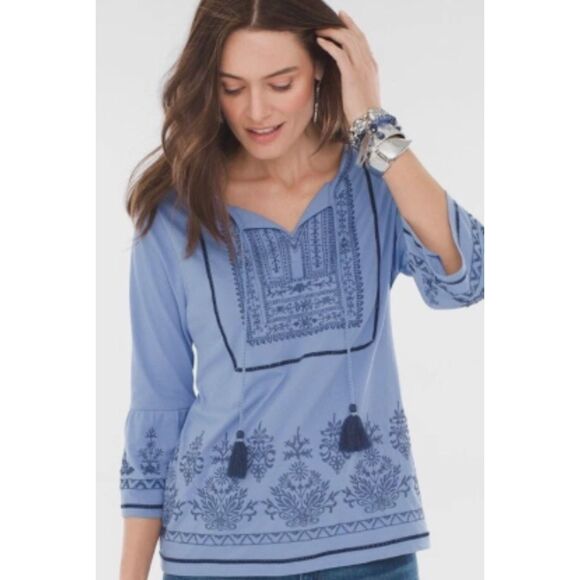 Chico’s Embroidered Peasant Top Tie Tassels 3/4 Bell Sleeve with Beadwork Size 0 - Picture 1 of 8